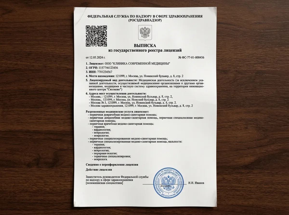 Выписка из государственного реестра лицензий Росздравнадзора для медицинской организации, официальный документ с реквизитами