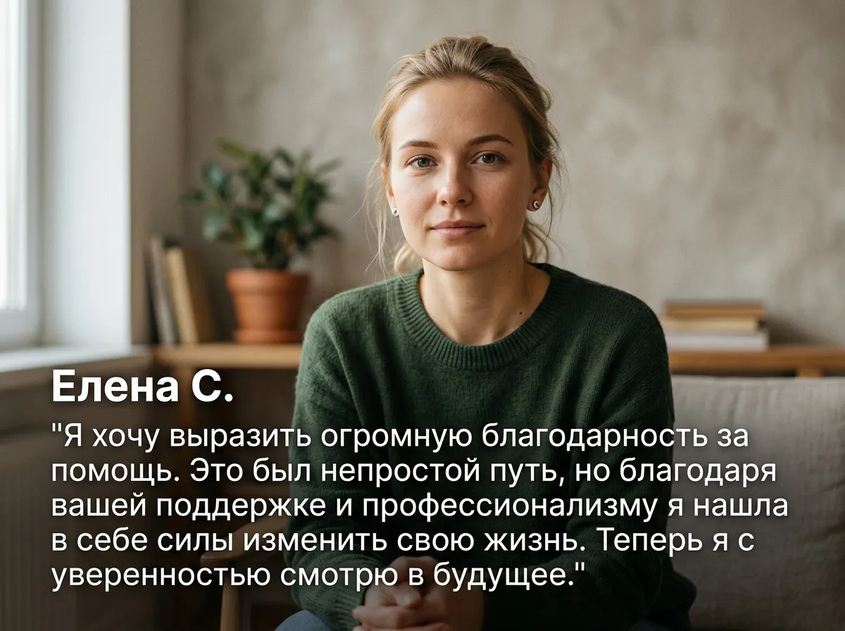 Аватар клиента Елена С., молодая женщина, отзыв о наркологической помощи, нейтральный фон