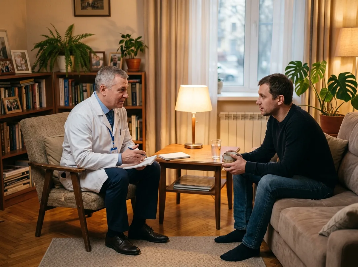 Врач-нарколог клиники разговаривает с пациентом в домашней обстановке, профессиональная беседа, тёплое освещение, доверительная атмосфера